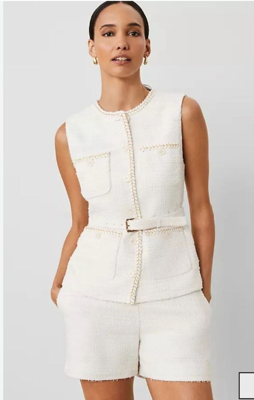 NWT Ann Taylor White Tweed Belted Vest with Gold Embroidery SZ 8